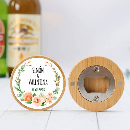 Abridor madera personalizado con pegatina Detalle boda - Detalles personalizables para Boda