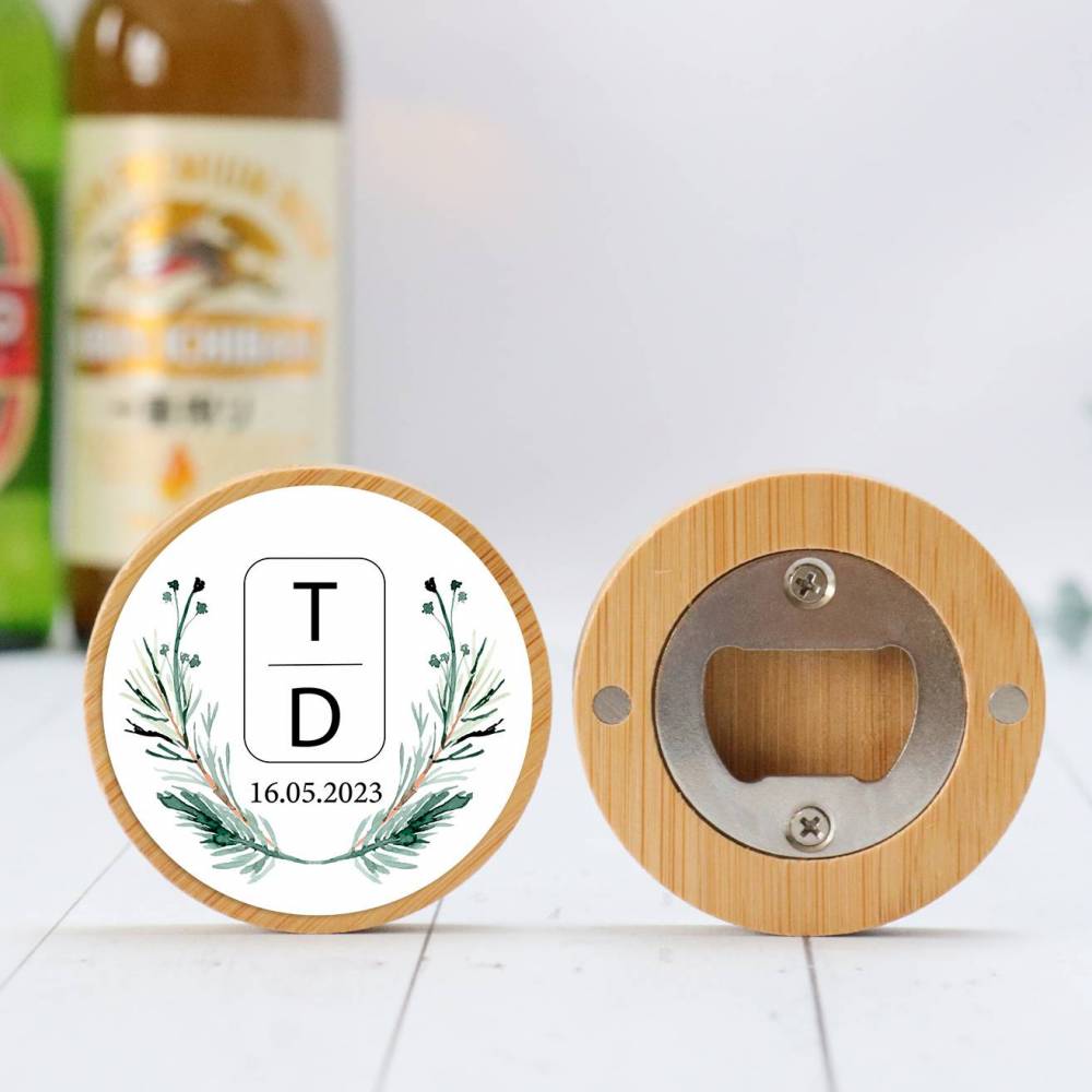 Abridor madera personalizado con pegatina Detalle boda - Detalles personalizables para Boda