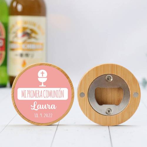 Abridor madera personalizado "Laura" con pegatina Detalle comunión - Abridor Imán Personalizado Comunión