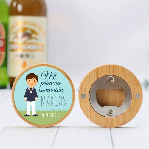 Abridor madera personalizado "Marcos" con pegatina Detalle comunión - Abridor Imán Personalizado Comunión