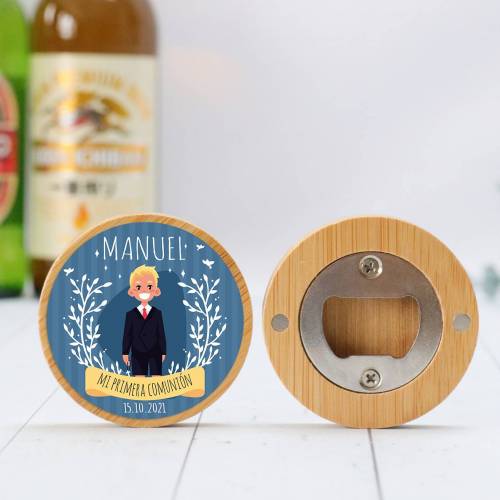 Abridor madera personalizado "Manuel" con pegatina Detalle comunión - Abridor Imán Personalizado Comunión