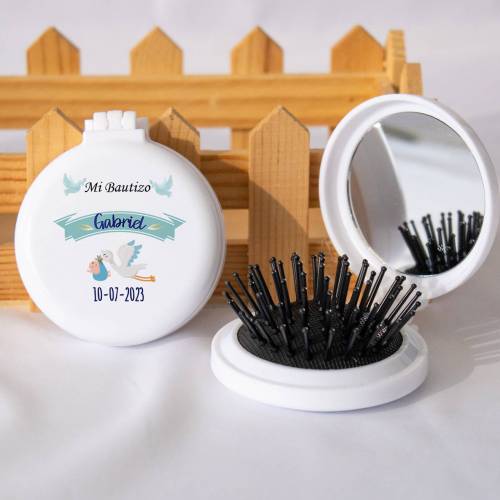 Espejo personalizado con cepillo Modelo "Gabriel Cigüeña" Detalles bautizo - Detalles personalizables para Bautizo