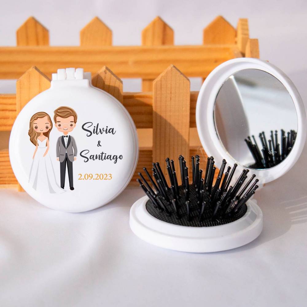 Espejo personalizado con cepillo Modelo "Romance" Detalles boda - Detalles personalizables para Boda