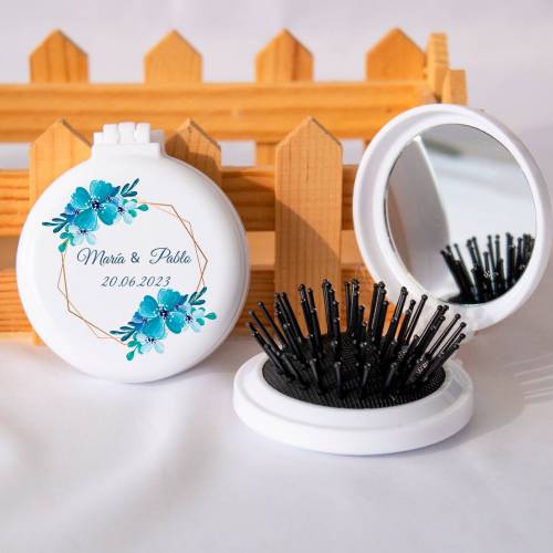 Espejo personalizado con cepillo Modelo "Turquesa" Detalles boda - Detalles personalizables para Boda