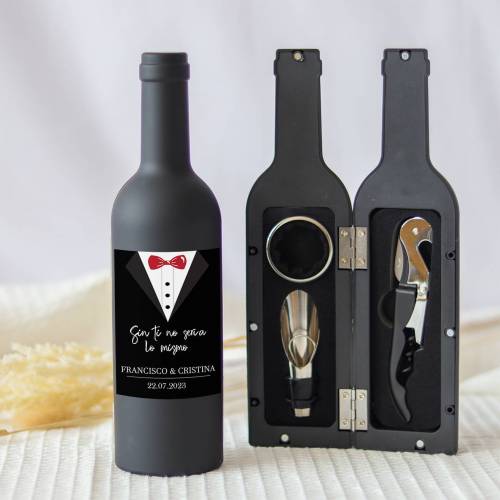 Set accesorios de vino personalizado "Modelo Esmoquin" Detalles bautizo - Detalles personalizables para Boda