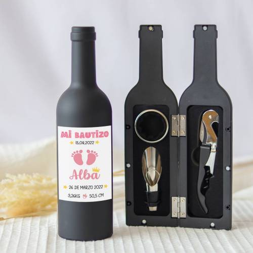 Set accesorios de vino personalizado "Modelo Huellas niña" Detalles bautizo - Detalles personalizables para Bautizo