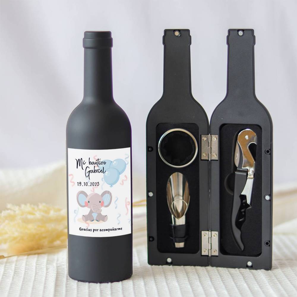 Set accesorios de vino personalizado "Modelo Elefante niño" Detalles bautizo - Detalles personalizables para Bautizo