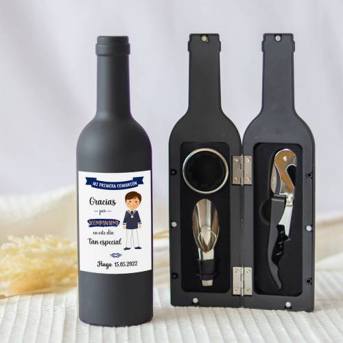 Set accesorios de vino personalizado "Modelo Muñeco" Detalles comunión - Detalles personalizables para Comunión