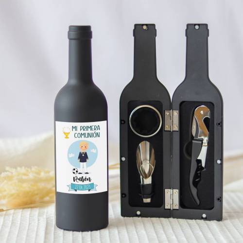 Set accesorios de vino personalizado "Modelo Fútbol Rubio" Detalles comunión - Detalles personalizables para Comunión