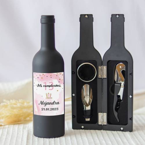 Set accesorios de vino personalizado "Modelo Rosa" Detalles cumpleaños - Regalos personalizables cumpleaños