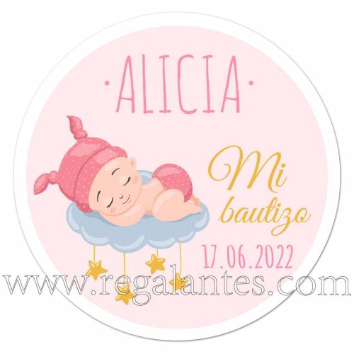 Pegatinas personalizadas para bautizo de niña con dibujo de bebé durmiendo - Pegatinas Y Etiquetas Personalizadas Bautizo