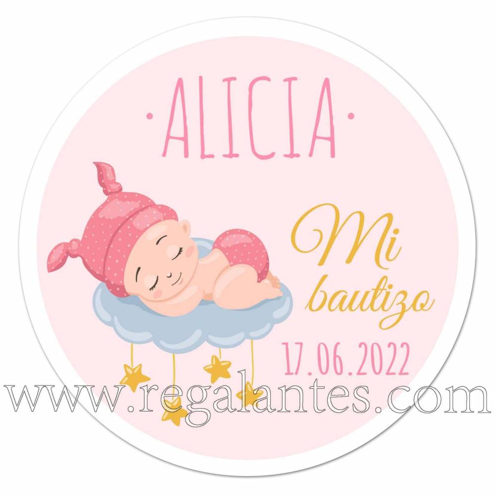 Pegatinas personalizadas para bautizo de niña con dibujo de bebé durmiendo - Pegatinas Y Etiquetas Personalizadas Bautizo