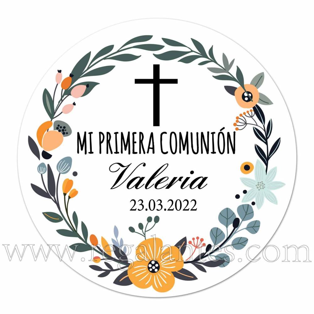 Pegatinas de flores personalizadas con nombre y fecha de comunión - Pegatinas Y Etiquetas Personalizadas Comunión