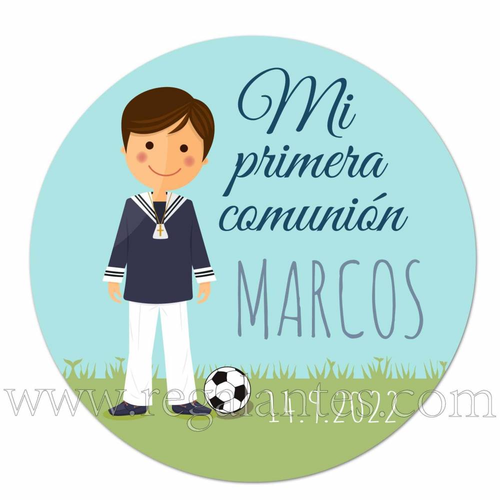 Pegatina personalizada para comunión con dibujo de niño con fútbol - Pegatinas Y Etiquetas Personalizadas Comunión