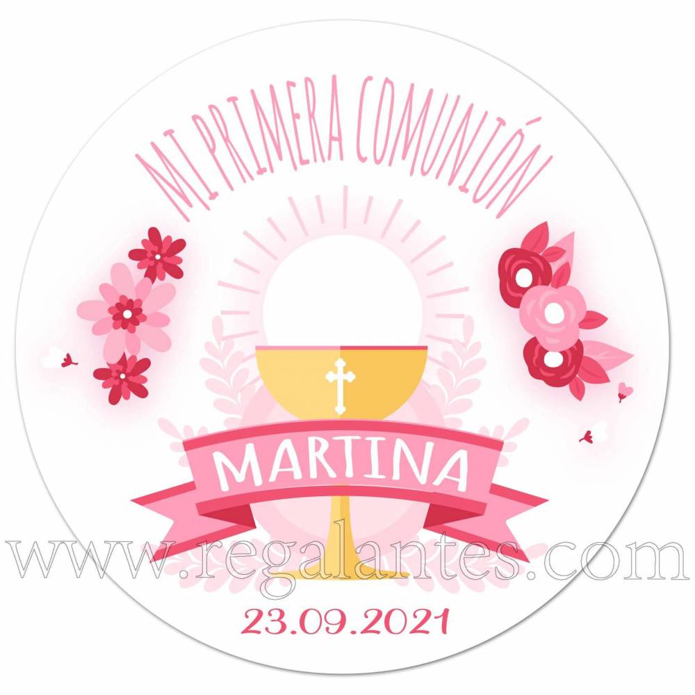 Pegatina rosa personalizada para la primera comunión de niñas - Pegatinas Y Etiquetas Personalizadas Comunión