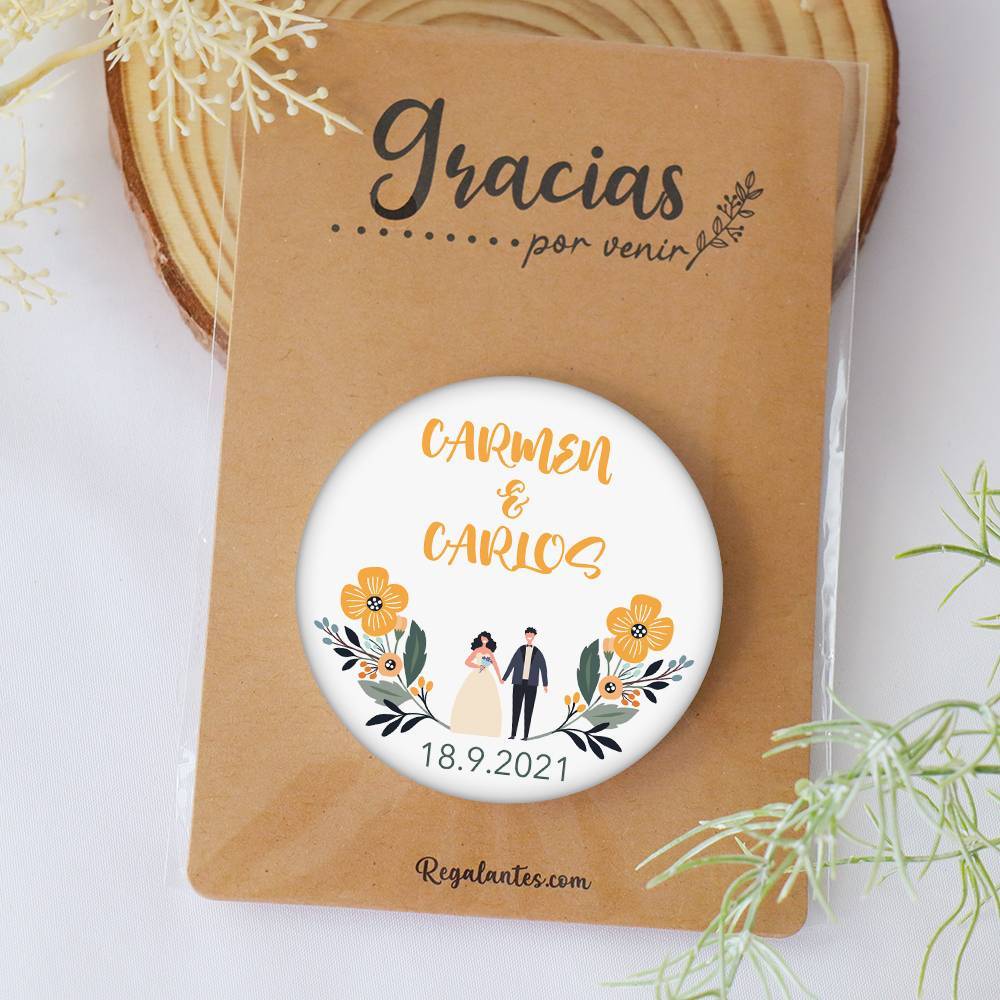 Chapa personalizada con espejo "Girasol" detalles boda mujer - Chapas Espejos Personalizados Boda