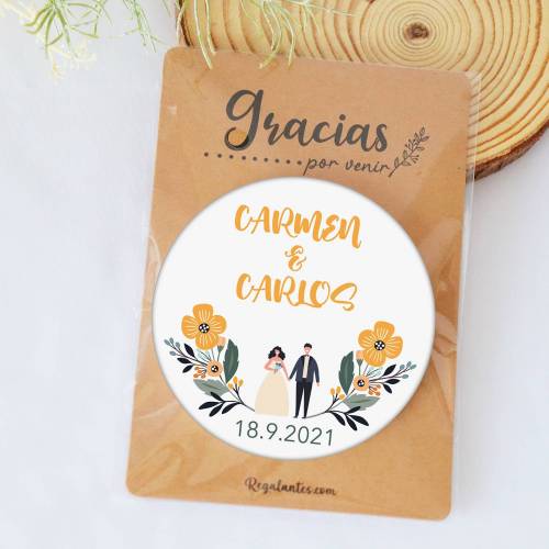 Chapa personalizada con espejo "Girasol" detalles boda mujer - Chapas Espejos Personalizados Boda