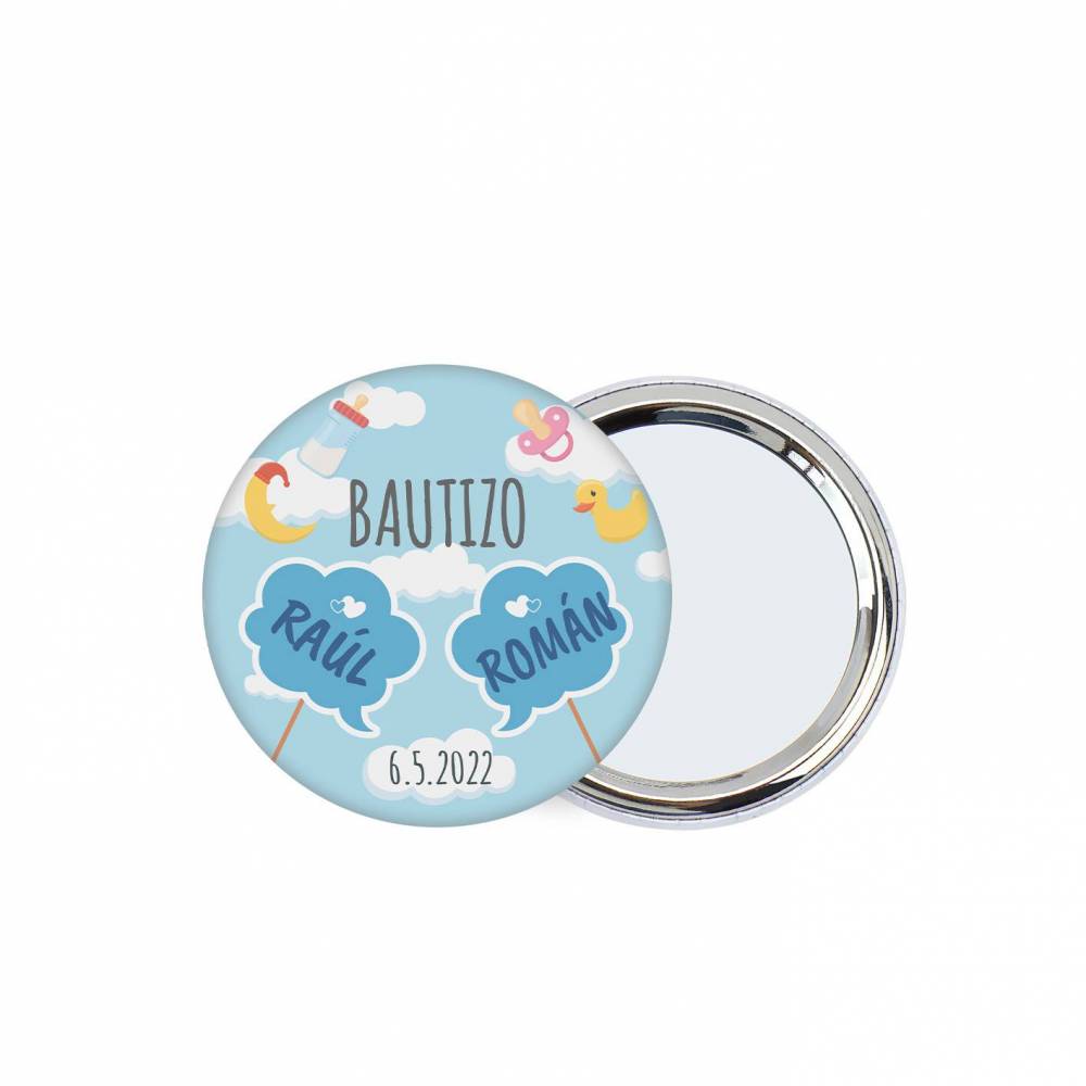 Chapa personalizada con espejo modelo Gemelos detalles bautizo - Chapas Espejos Personalizados Bautizo