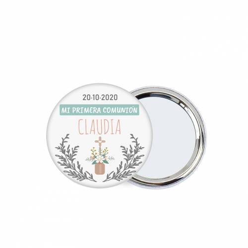 Chapa personalizada con espejo modelo Claudia detalles comunión - Chapas Espejos Personalizados Comunión