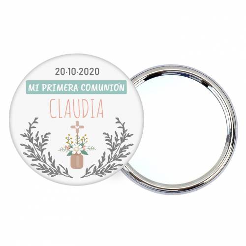 Chapa personalizada con espejo modelo Claudia detalles comunión - Chapas Espejos Personalizados Comunión
