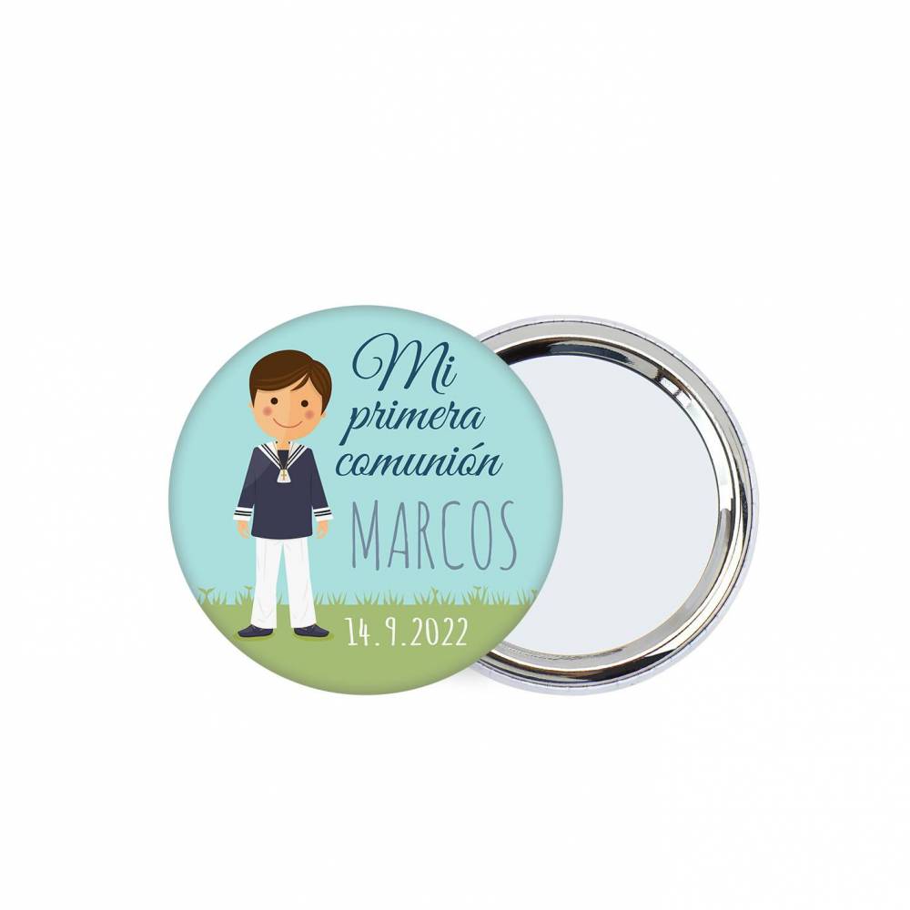 Chapa personalizada con espejo "Marcos" detalles comunión - Chapas Espejos Personalizados Comunión
