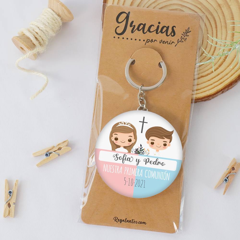 Llavero de chapa abridor personalizado "Mellizos" detalles comunión - Llaveros Abrebotellas Personalizados Comunión
