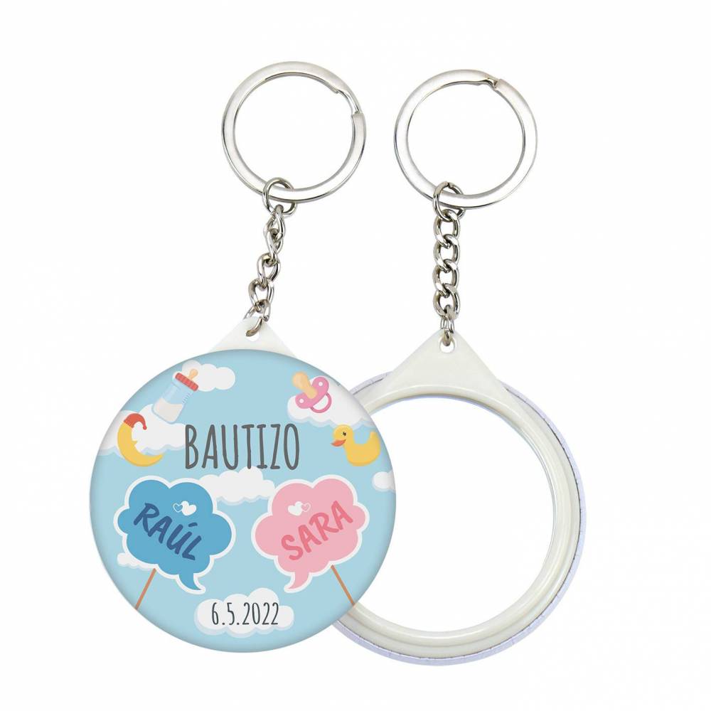 Llavero con espejo y chapa personalizada modelo Mellizos detalles bautizo - Llaveros Espejos Personalizados Bautizo