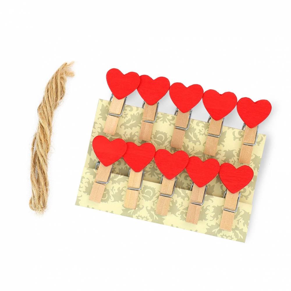 10 mini pinzas de madera con corazón rojo para decoración