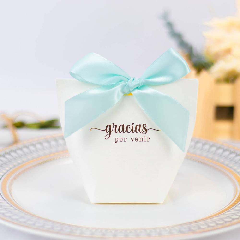 Caja de regalo pequeña para detalles de comunión “Gracias por venir” en azul